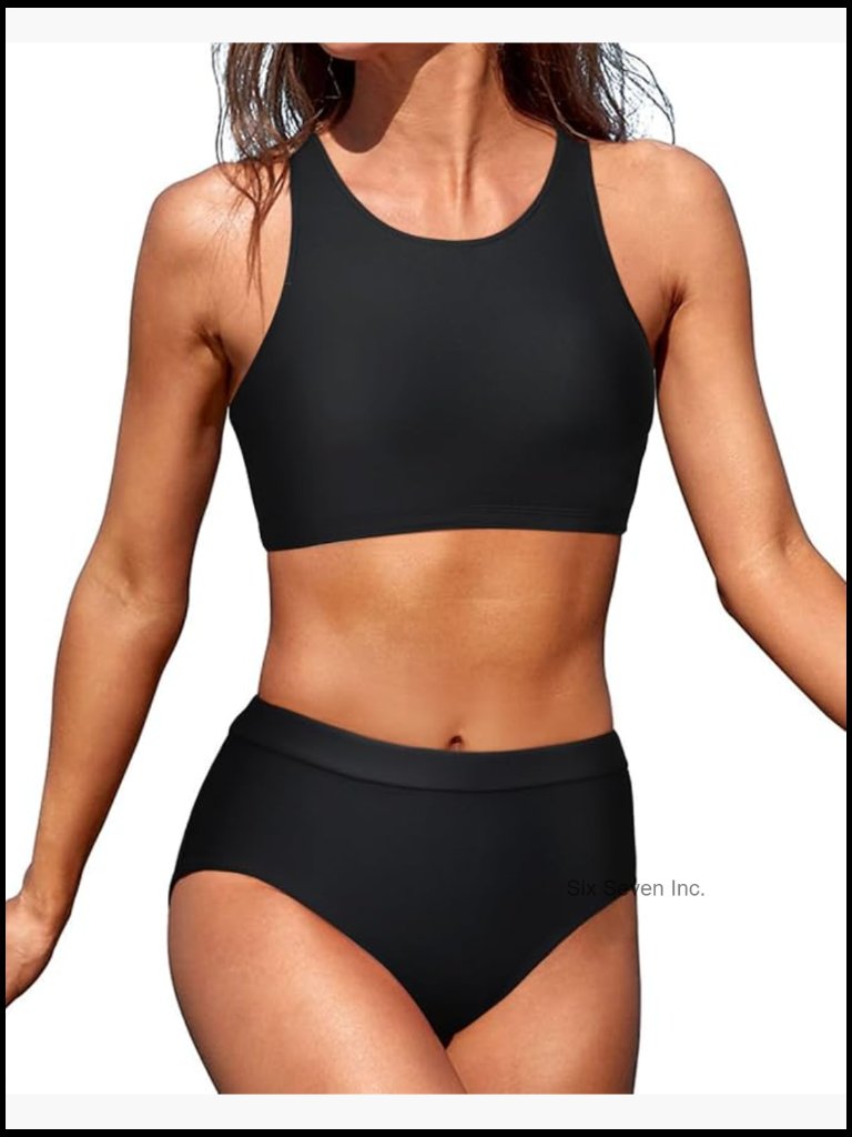 High Waisted Bikini Two Piece Sporty Crop Top Racerback Swimsuit For Women